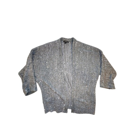 Express Womens Open Cardigan Gray Sparkly Sequin Silver Small - Picture 2 of 6